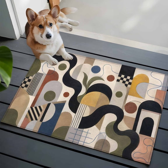 Abstract Graphic Small Area Rugs 2x3 Vintage Geometric Black Yellow Circle Arch Forms Entryway Rugs Washable Door Mat, Low-Profile Area Rugs Non Slip Floor Carpet for Living Room Bedroom Home Office