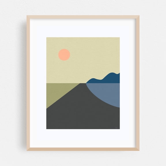 Abstract Graphic Sunset Poster – Mountains, Nature, and Road in Modern Colors - Digital Art Minimalist Abstract Geometric Landscape Modern Art Sunset Scenic Oak Framed Wall Art Print 6 x 8 inches