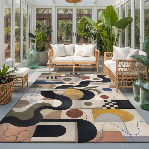 Abstract Graphic Washable Living Room Rugs 9'x12', Vintage Geometric Black Yellow Circle Arch Forms Washable Throw Large Area Rug Non-Slip Sturdy Edge Binding Carpet for Bedroom Dining Room Office