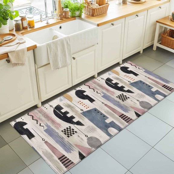 Abstract Graphic Washable Runner Rugs 2'x6', Vintage Geometric Black Blue Pink Beige Textured Washable Runner Rug Non-Slip Sturdy Edge Binding Carpet for Bedside Hallway Runner Kitchen Galley