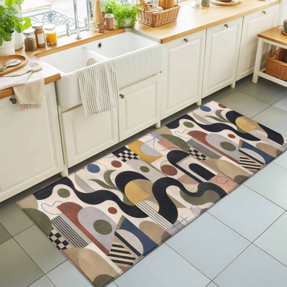 Abstract Graphic Washable Runner Rugs 2'x6', Vintage Geometric Black Yellow Circle Arch Forms Washable Runner Rug Non-Slip Sturdy Edge Binding Carpet for Bedside Hallway Runner Kitchen Galley