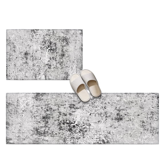 Abstract Gray 2 Pieces Non-Slip Kitchen Mat Set, Minimalist Mottled Concrete Spot Distressed Texture Soft Door Mat with Rubber Backing, Dirtproof Rugs for Entrance Doorway, 23.6x35.4in+23.6x70.9in