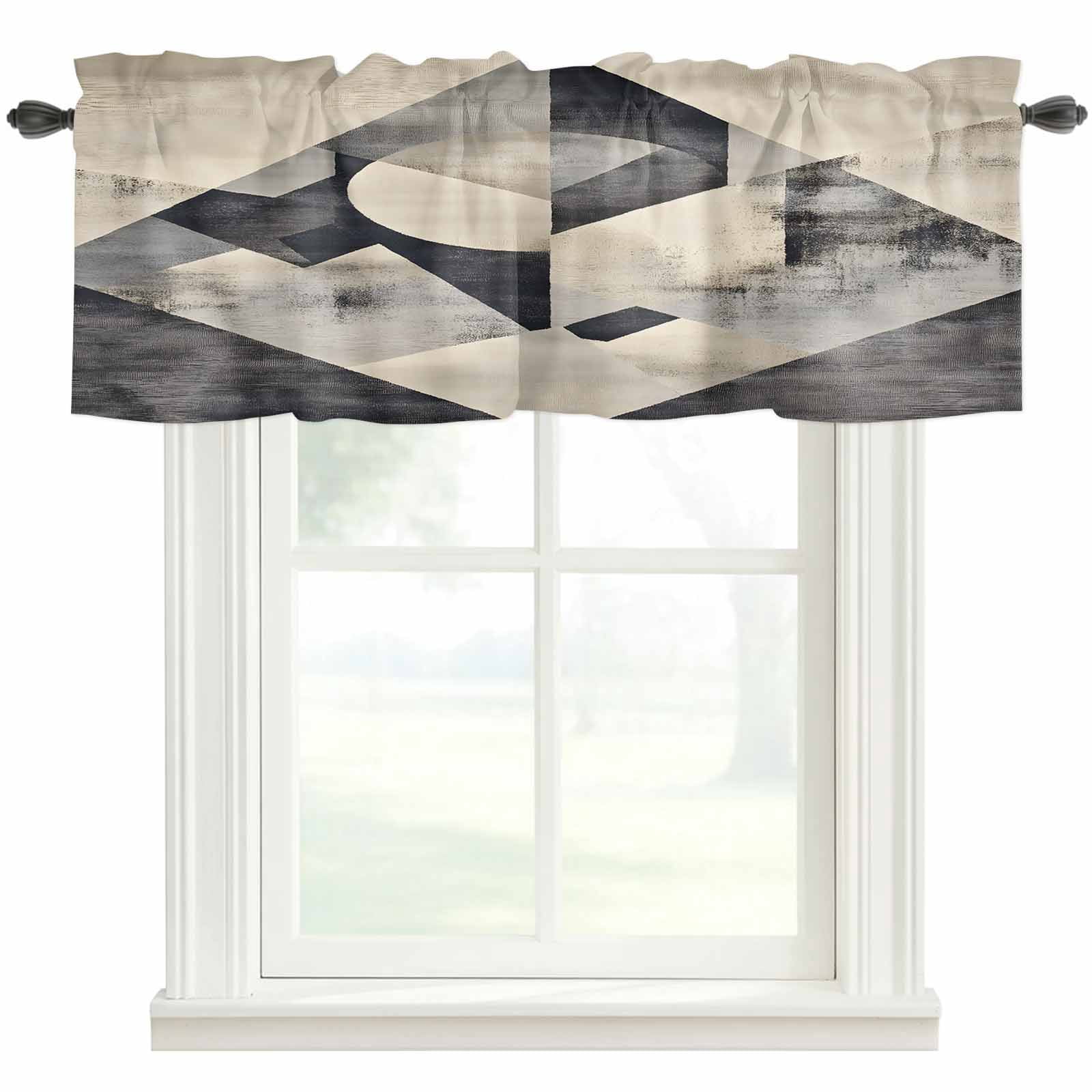 Abstract Gray Beige Geometric Window Valance Curtain Modern Art Rod ...