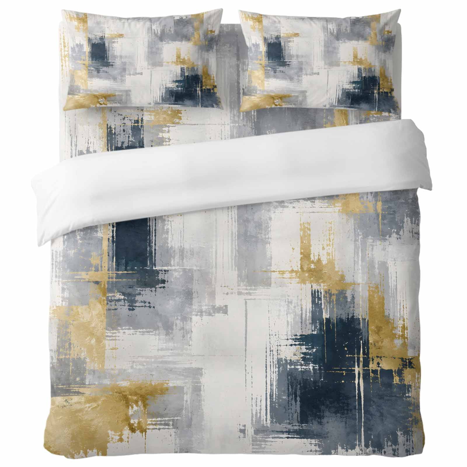 Abstract Gray Blocks 4 Piece Bedding Set, Gold Foil Patches Navy Blue ...