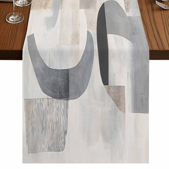 Abstract Gray Brown 70 Inch Table Runner, Modern Geometric Art Farmhouse Dresser Scarf Cotton & Linen Tablerunner for Dining/Kitchen Island/Holiday Party Décor 13" x 70"