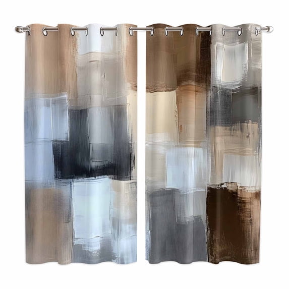 Abstract Gray Brown Kitchen Curtains 84 Inch Length, Oil Painting Color Blocks Grommet Top Bedroom Living Room Curtains, Light Filtering Cafe Curtain Drapes 2 Panels Set 104''x84''