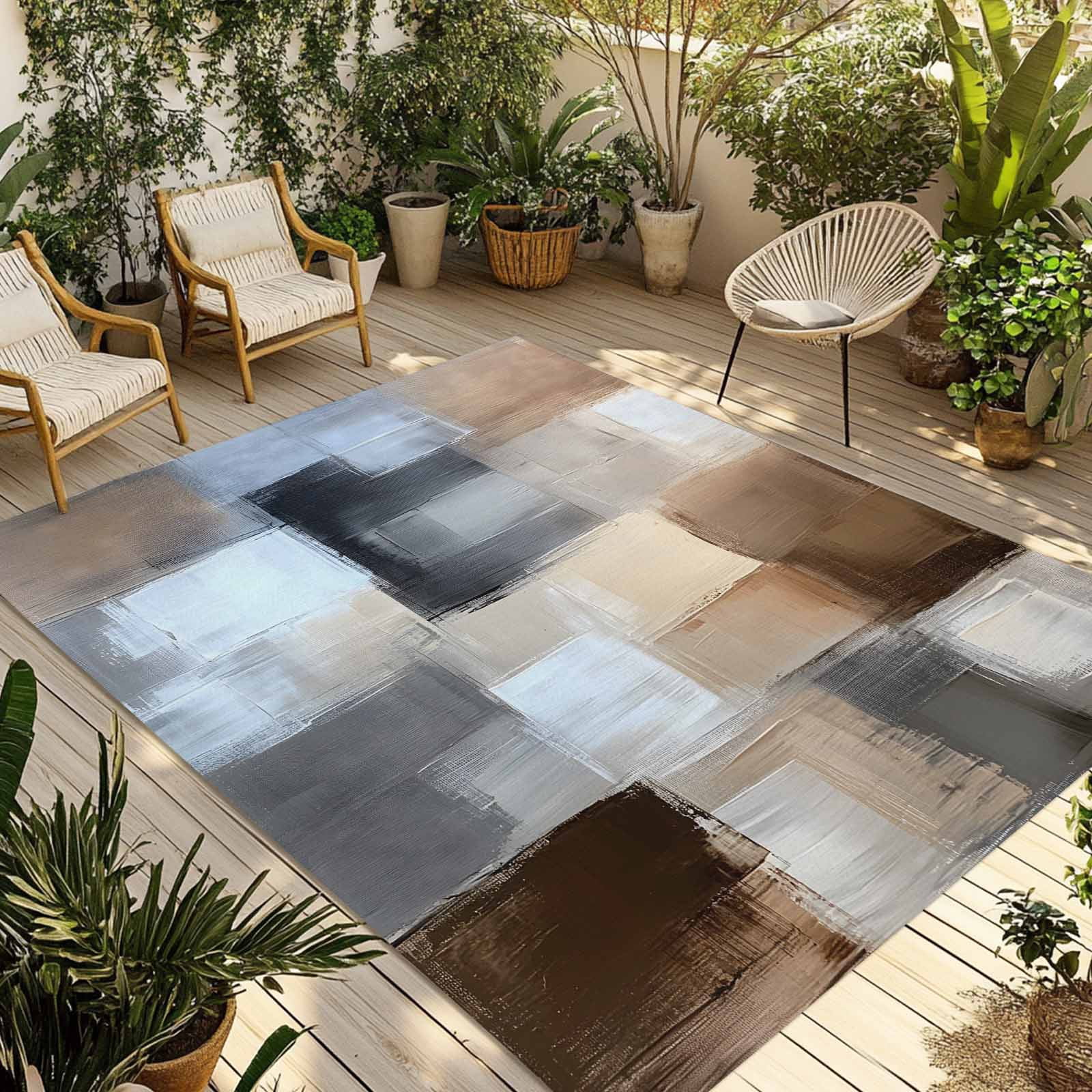 Abstract Gray Brown Outdoor Rug 4x6 Ft - Reversible Patio Rug Outdoor ...