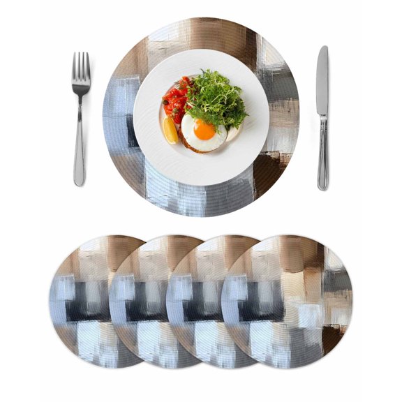 Abstract Gray Brown Round 13 Inch Placemats Set of 4, Oil Painting Color Blocks HeatResistant Non Slip Place Mats for Dining Table, Wipeable Braided Kitchen Table Mats for Housewarming