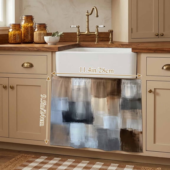 Abstract Gray Brown Small Cabinet Curtains 10"W x 11"L, Oil Painting Color Blocks Sink Skirt Dust-Proof Short Curtain for Bathroom Vanity Storage Cubby Desk, Self Adhesive Privacy Drapes