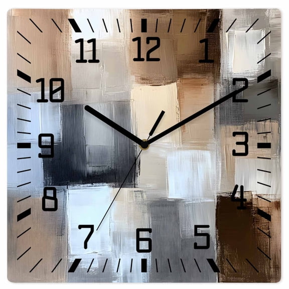Abstract Gray Brown Wooden Wall Clock Silent Non Ticking, Oil Painting Color Blocks Square Wall Clocks Battery Operated, Decor Clock for Home Office, Living Room, Kitchen, 10 Inch