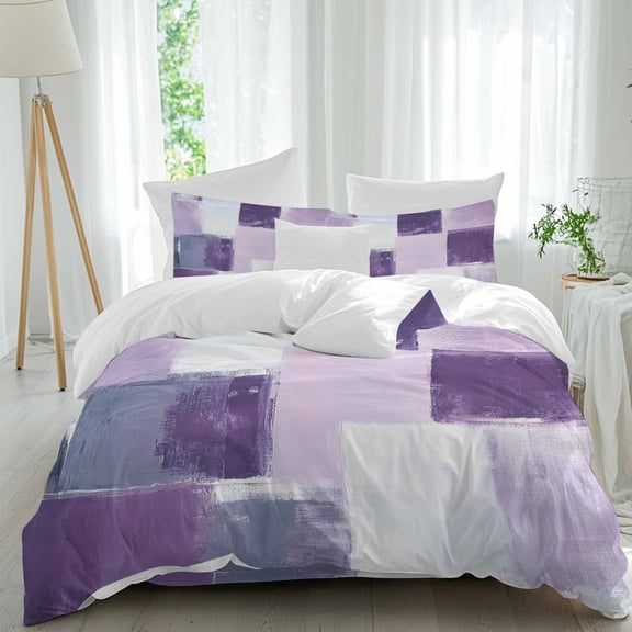 Abstract Gray Duvet Cover Set King Size, Purple Mottled Graffiti Color Block Modern Art 4 Piece Soft Microfiber Bedding Set with 1 Duvet Cover, 1 Flat Sheet, 2 Pillowcases