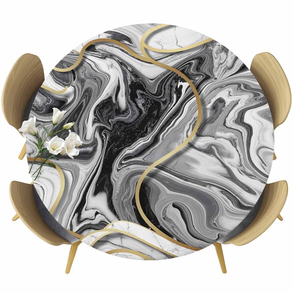 Abstract Gray Gold Marble Texture Fitted Round Tablecloths Table Covers 36"-44",Waterproof Table Cloth for Kitchen Holiday Party Tables Decor