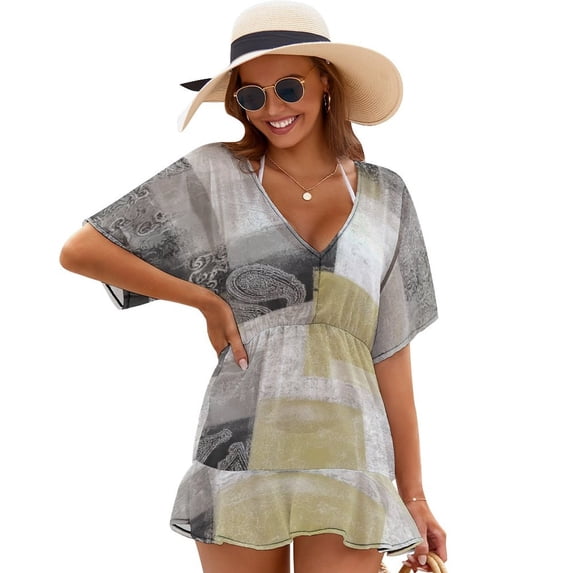 Abstract Gray Gold Paisley Beach Cover Ups Women V Neck Short Sleeve Dress Coverups Beachwear