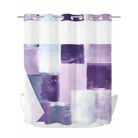 Abstract Gray No Hook Shower Curtain and Liner Set Purple Mottled Graffiti Color Block Modern Art Shower Curtains with Snap-in Liner & See Through Top Window Hotel Style for Bathroom Decor 72x72 Inch