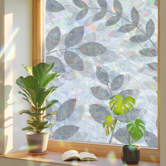 Abstract Gray Leaves Silhouette Window Privacy Film, Rainbow Film Decorative Window Sticker 17.7x39.3in, Rustic Foliage Leaf Texture Sun Blocking Static Stained Glass Cling Tint Non-Adhesive