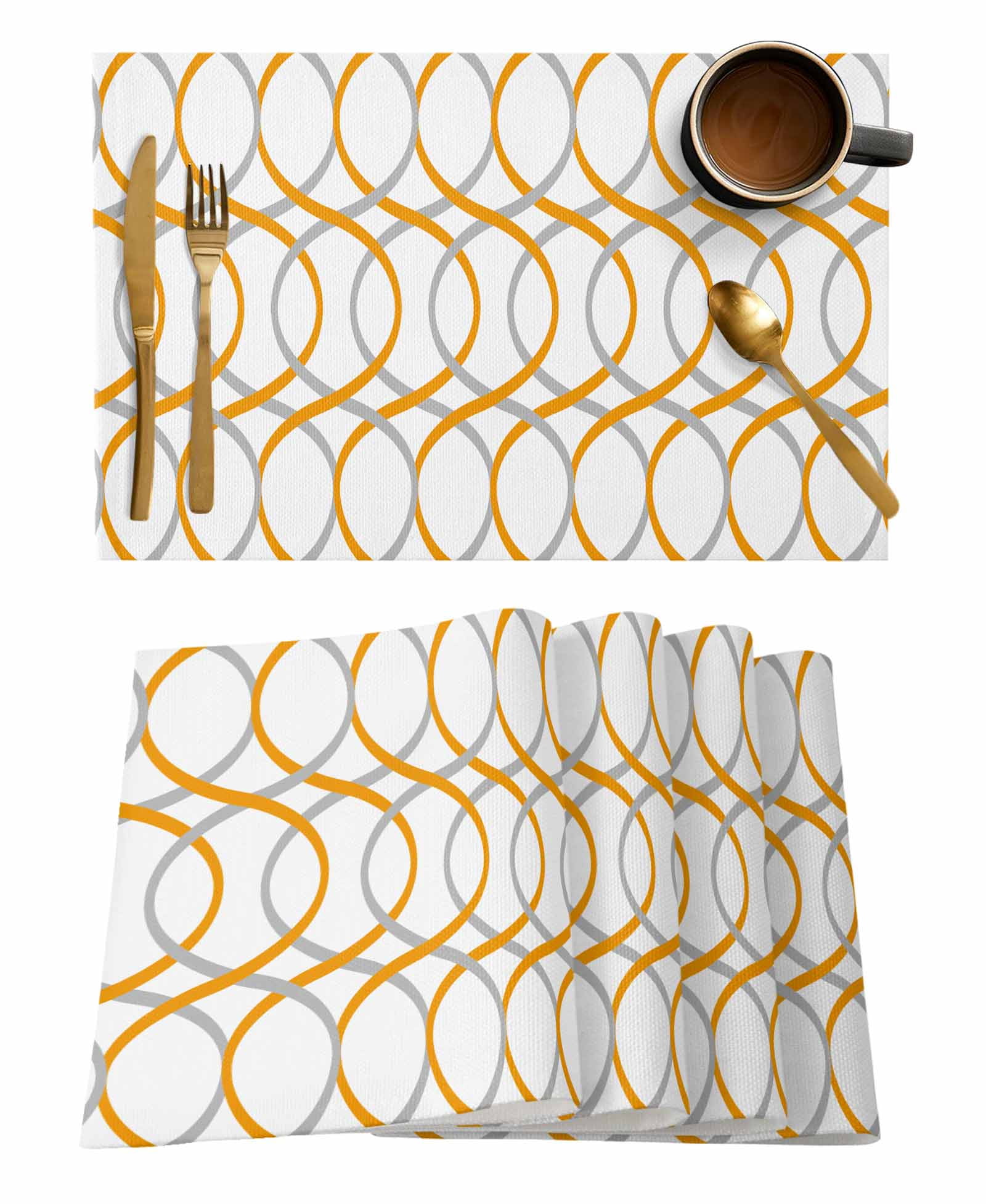 Abstract Gray Orange Placemats for Dining Table Set of 6, Washable
