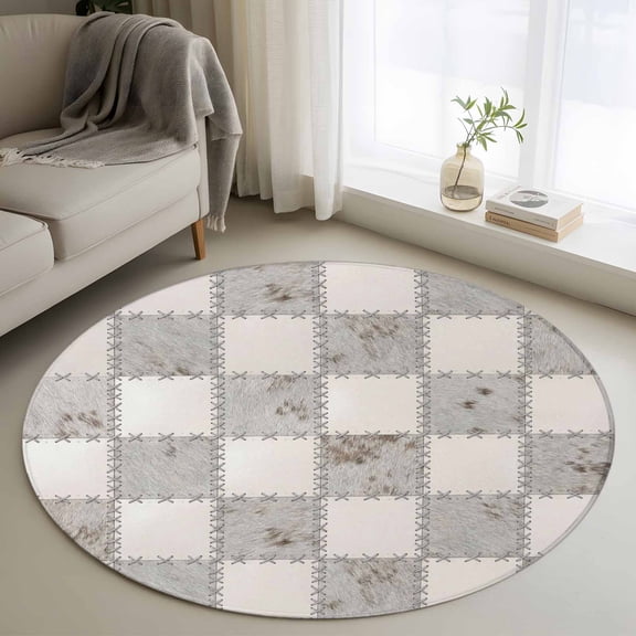 Abstract Gray Patchwork 3FT Round Area Rugs Country Farmhouse Minimalist Grey Marble Plaid Soft Small Round Rug Non-Slip, Ultra-Thin Indoor Circle Carpet for Bedroom Entryway Kitchen Bathroom