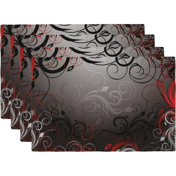 Abstract Gray Placemats Set of 4 Magical Red Black Floral Leaf Swirl Linen Washable Place Mats Rectangle Cloth Table Mat for Party Kitchen Dining Decoration Indoor Outdoor, 12x18 inch