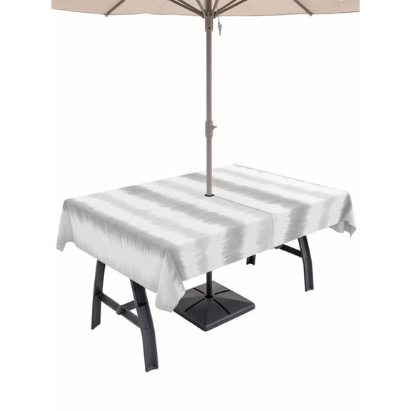 Abstract Gray Stripes Outdoor Rectangle Tablecloth with Umbrella Hole 60"x84", Rustic Watercolor Denim Striped Minimalist Waterproof Zippered Table Cloth Wrinkle Free Wipeable Desk Covers for Patio