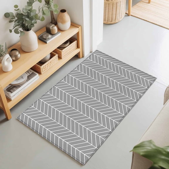 Abstract Gray White Herringbone Texture Rectangle Area Rug 2x3ft,Living Room Rug Non-Slip Washable Circle Rugs Pad,Chevron Pattern Soft Floor Carpet for Bedroom Dining Room