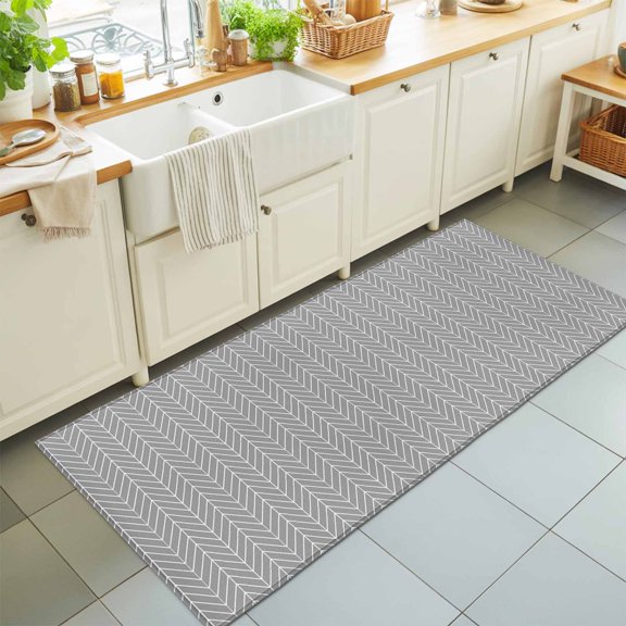 Abstract Gray White Herringbone Texture Rectangle Area Rug 2x6ft,Living Room Rug Non-Slip Washable Circle Rugs Pad,Chevron Pattern Soft Floor Carpet for Bedroom Dining Room