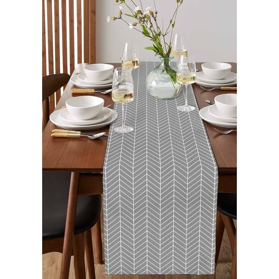 Abstract Gray White Herringbone Texture Table Runner 13x72in Non-Slip Cotton Linen Table Runners, Chevron Pattern Dresser Scarves TableRunner for Dinner Kitchen Dining Wedding Party