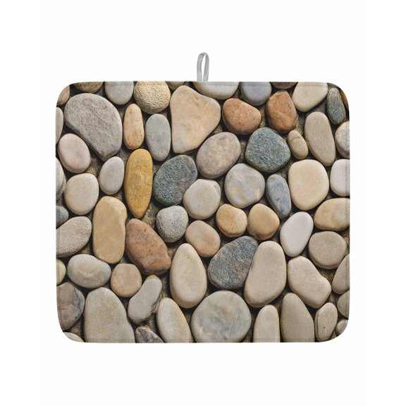 Abstract Gray Yellow Cobblestone Dish Drying Mats for Kitchen Counter,Absorbent Microfiber Dish Drainer Rack Mat Modern Grey Pebble Stone Drying Pad for Sinks,Utensils,Countertops,16x18in