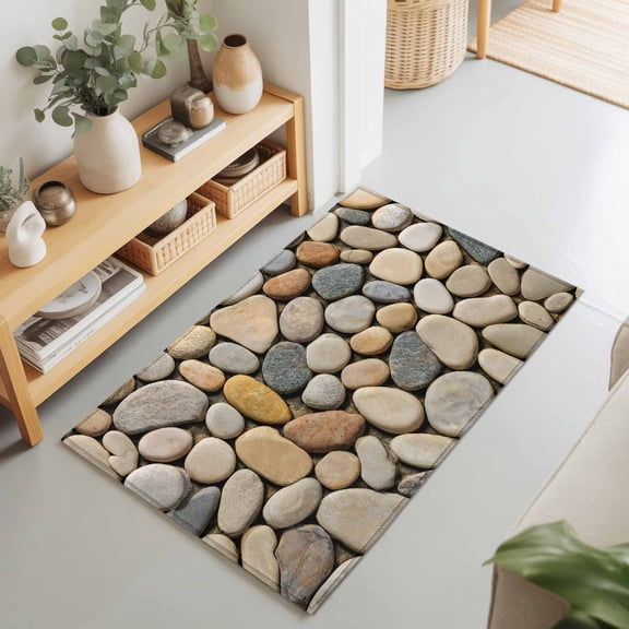 Abstract Gray Yellow Cobblestone Rectangle Rug 2'x3' Modern Grey Pebble Stone Washable Area Rugs for Living Room Bedroom Entryway Non Slip Entrance Door Mat Indoor Floor Carpet