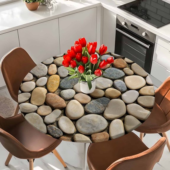 Abstract Gray Yellow Cobblestone Round Fitted Tablecloth with Elastic Edge,Waterproof Table Cloth Fits Tables Up to 36"-44",Wipeable Table Cover for Indoor Outdoor Dinning,Modern Grey Pebble Stone