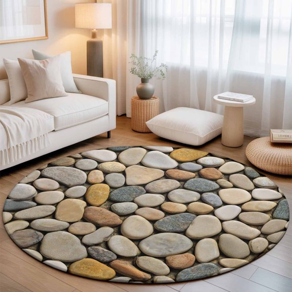 Abstract Gray Yellow Cobblestone Round Rug 5ft Modern Grey Pebble Stone Washable Area Rugs for Living Room Bedroom Entryway Non Slip Entrance Door Mat Indoor Floor Carpet