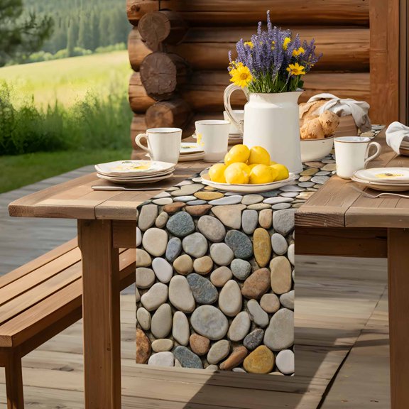 Abstract Gray Yellow Cobblestone Table Runner 13x48in Non-Slip Cotton Linen Table Runners, Modern Grey Pebble Stone Dresser Scarves TableRunner for Dinner Kitchen Dining Wedding Party