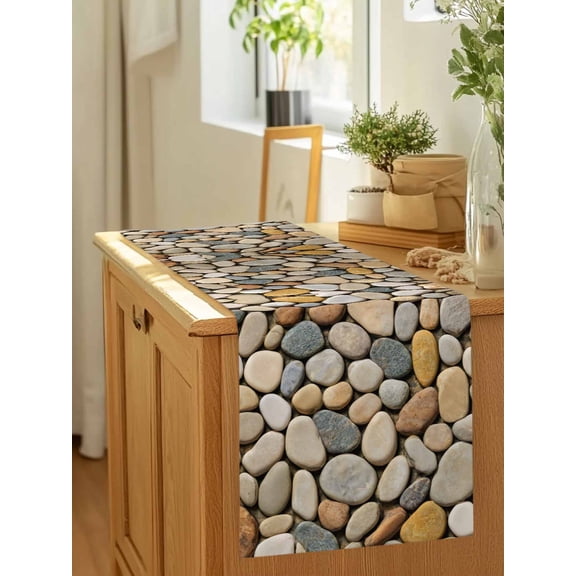 Abstract Gray Yellow Cobblestone Table Runner 36 Inches Long,Kitchen Dining Tablerunners Modern Grey Pebble Stone Linen Table Runners Dresser Scarves for Home Dinner Wedding Holiday Party Decor