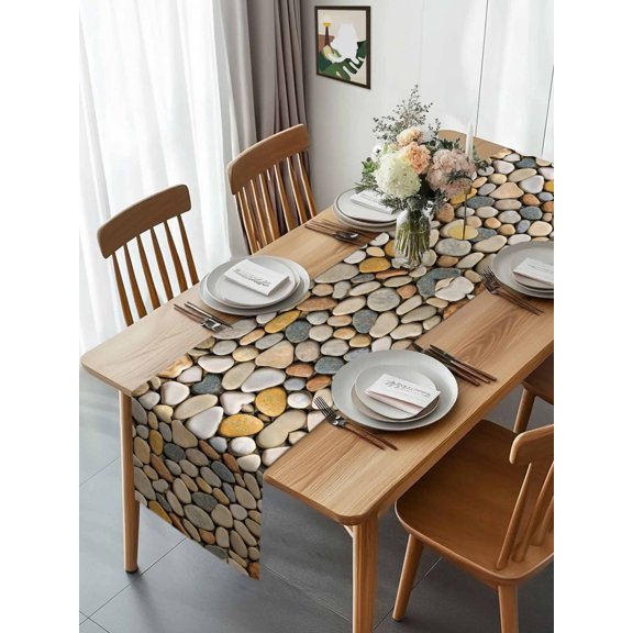 Abstract Gray Yellow Cobblestone Table Runner 90 Inches Long,Kitchen Dining Tablerunners Modern Grey Pebble Stone Linen Table Runners Dresser Scarves for Home Dinner Wedding Holiday Party Decor