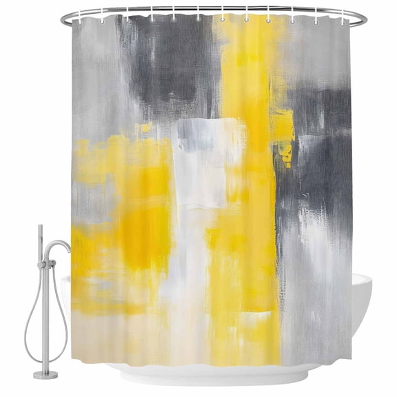 Abstract Gray Yellow Fabric Shower Curtain Oil Painting Art Washable Shower Curtains for Bathroom, Waterproof Bath Curtain with Hooks Home Decor 72x72in