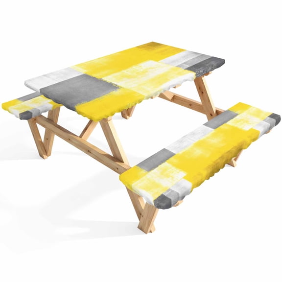 Abstract Gray Yellow Paint Picnic Table Cover with Bench Covers Retro Mottled Oil Painting Waterproof Fitted Picnic Tablecloth 3 Pieces Set Table Cloth for Outdoor Camping Garden BBQ