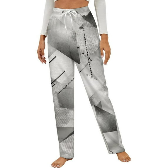 Abstract Grayscale Geometric Design Winter Female Pants Flannel High Waist Women Pants Lady Warm Straight Leg Plush Trousers