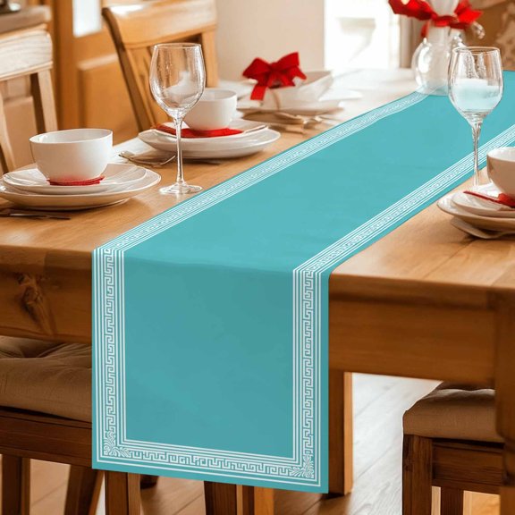 Abstract Greece Key Pattern Cyan Table Runner 36 Inches Long,Kitchen Dining Tablerunners Minimalist Geometric Art Linen Table Runners Dresser Scarves for Home Dinner Wedding Holiday Party Decor