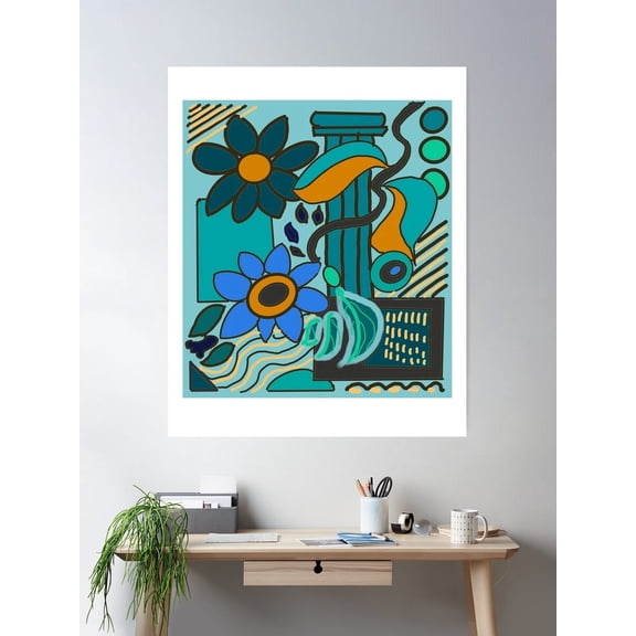 Abstract Greek Garden (Teal) Poster Wall Art, Modern Wall Decor For Living Room Bedroom, 12x18 UNFRAMED