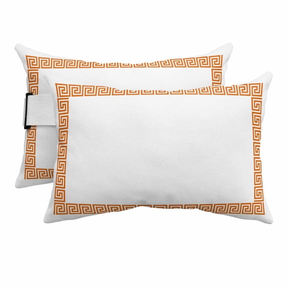 Abstract Greek Inspired Art Outdoor Pillow for Chaise Lounge Chair,Orange Twist Line Key Pattern Waterproof Headrest Lumbar Pillows with Insert&Elastic Strap for Patio Pool Garden Chairs Decor,2 Pack