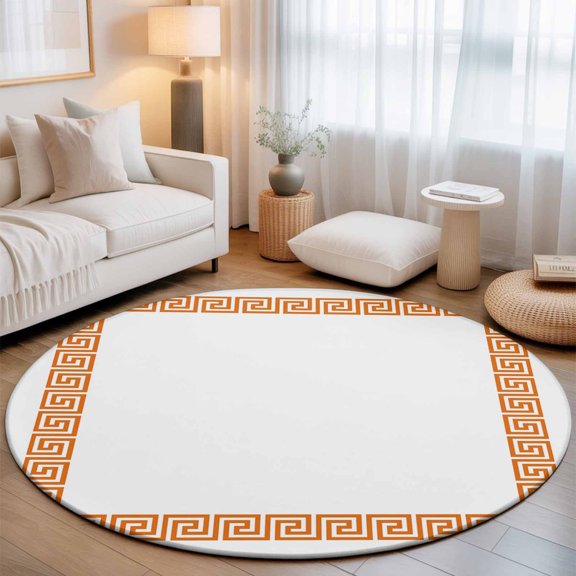 Abstract Greek Inspired Art Round Area Rug 5ft,Living Room Rug Non-Slip Washable Circle Rugs Pad,Orange Twist Line Key Pattern Soft Floor Carpet for Bedroom Dining Room
