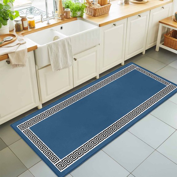 Abstract Greek Inspired Geometric Art Rectangle Area Rug 2x6ft,Living Room Rug Non-Slip Washable Circle Rugs Pad,Black Twist Lines on Blue Soft Floor Carpet for Bedroom Dining Room