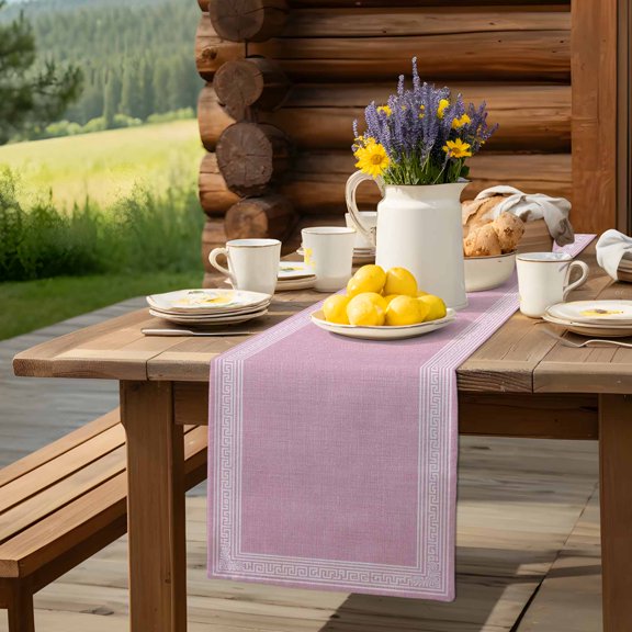 Abstract Greek Inspired Key Pattern Table Runner 13x90in Non-Slip Cotton Linen Table Runners, Twist Stripe on Pink Dresser Scarves TableRunner for Dinner Kitchen Dining Wedding Party