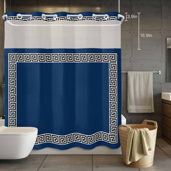Abstract Greek Inspired Key Texture No Hook Shower Curtain with Snap in Liner Set,Geometric Twist Line on Dark Blue Waterproof Fabric Shower Curtains with See Through Top Window for Bathroom,72Wx78L
