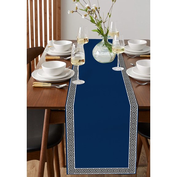 Abstract Greek Inspired Key Texture Table Runner 13x72in Non-Slip Cotton Linen Table Runners, Geometric Twist Line on Dark Blue Dresser Scarves TableRunner for Dinner Kitchen Dining Wedding Party