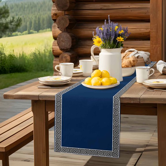Abstract Greek Inspired Key Texture Table Runner 13x90in Non-Slip Cotton Linen Table Runners, Geometric Twist Line on Dark Blue Dresser Scarves TableRunner for Dinner Kitchen Dining Wedding Party