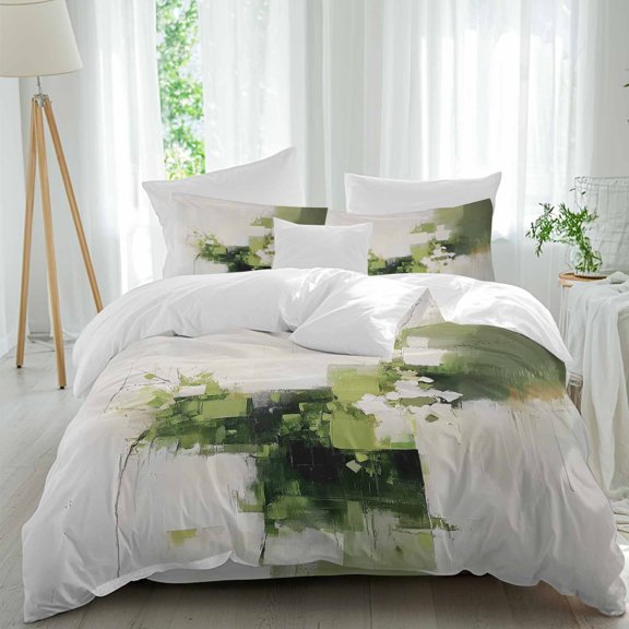 Abstract Green 4 Piece Duvet Cover Set Queen Size Minimalist Abstract Soft Bedding Set Comforter Cover, 1 Duvet Cover 1 Flat Sheets and 2 Pillowcases