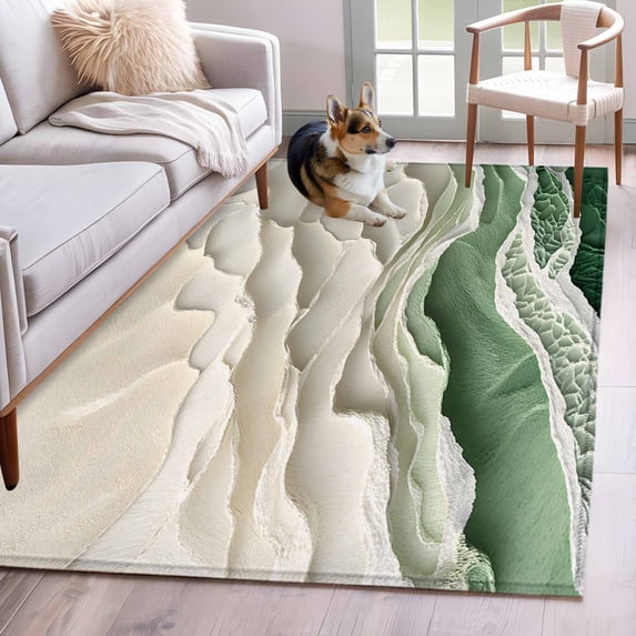 Abstract Green Area Rugs 3x5 ft Beige Ocean Wave Oil Painting Style Modern Washable Rug Non Slip Indoor Carpet Absorbent Floor Mat for Living Room Bedroom Dining Room