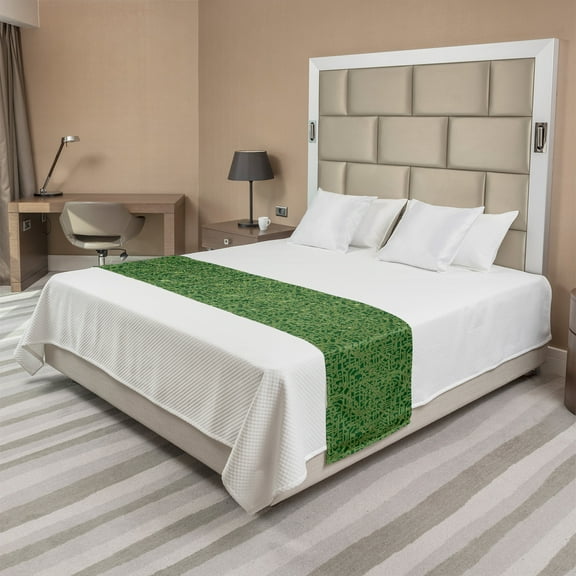 Abstract Green Bed Runner, Futuristic Grid Pattern of Lines with Dotted Ends, Decorative Accent Bedding Scarf for Hotels Homes and Guestrooms, Queen, Hunter Green Pale Green, by Ambesonne