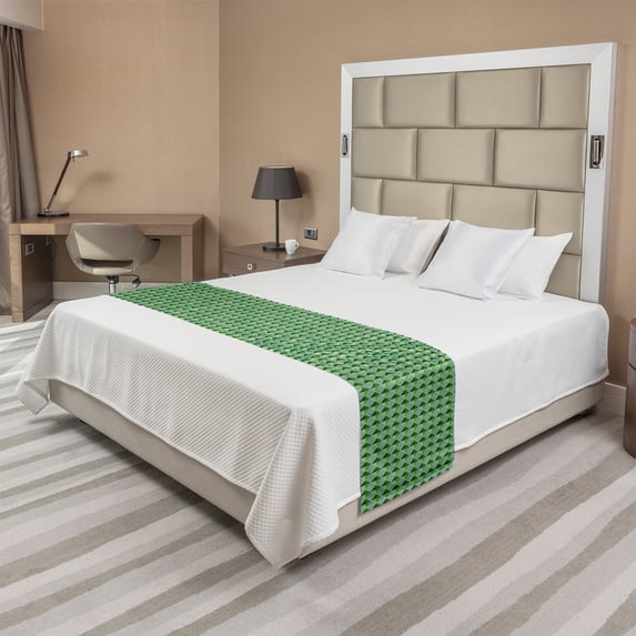 Abstract Green Bed Runner, Modernistic Geometric with Creative Monochrome Squares Triangles, Decorative Accent Bedding Scarf for Hotels Homes and Guestrooms, King, Multicolor, by Ambesonne