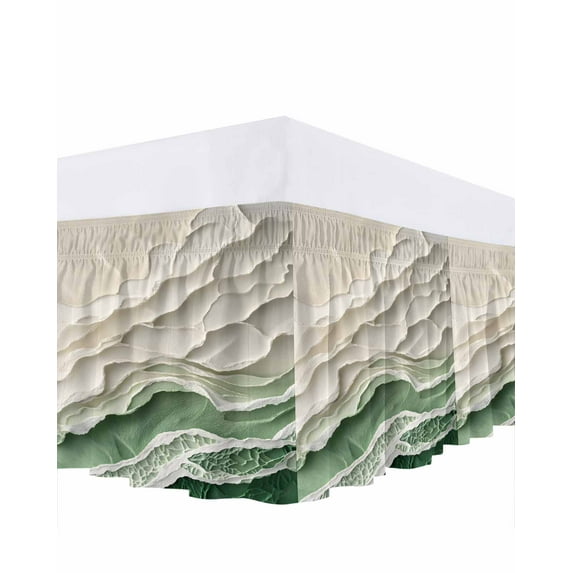 Abstract Green Bed Skirt California King Size 18 Inch Drop, Beige Ocean Wave Oil Painting Style Modern Wrap Around Dust Ruffle Bedskirts, Easy Fit Bedskirt with Adjustable Elastic